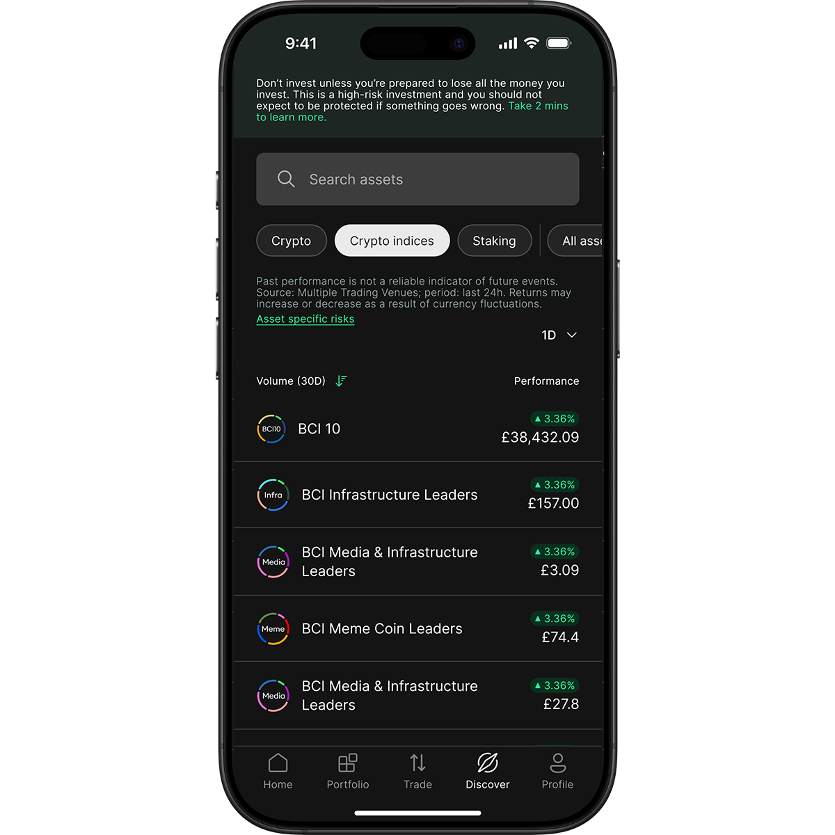Smartphone screen displaying a crypto investment app interface with various crypto indices and their values, showing positive percentage changes.