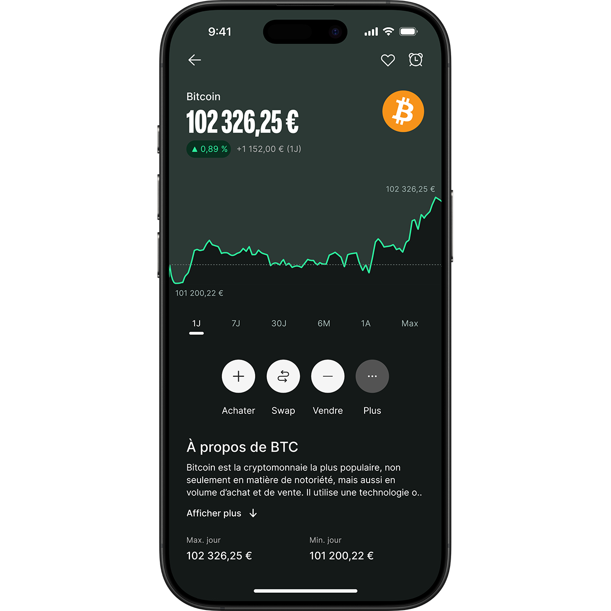 Smartphone displaying a cryptocurrency app with Bitcoin price at 102,326.25 euros, showing a rising trend graph and options to buy, swap, and sell.