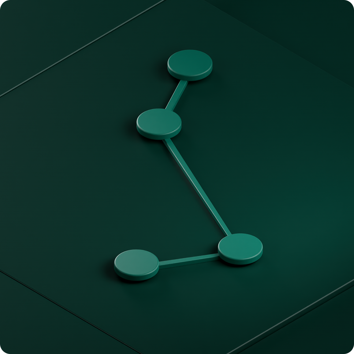 A minimalist design featuring four connected green circles on a dark green background, forming a geometric shape.