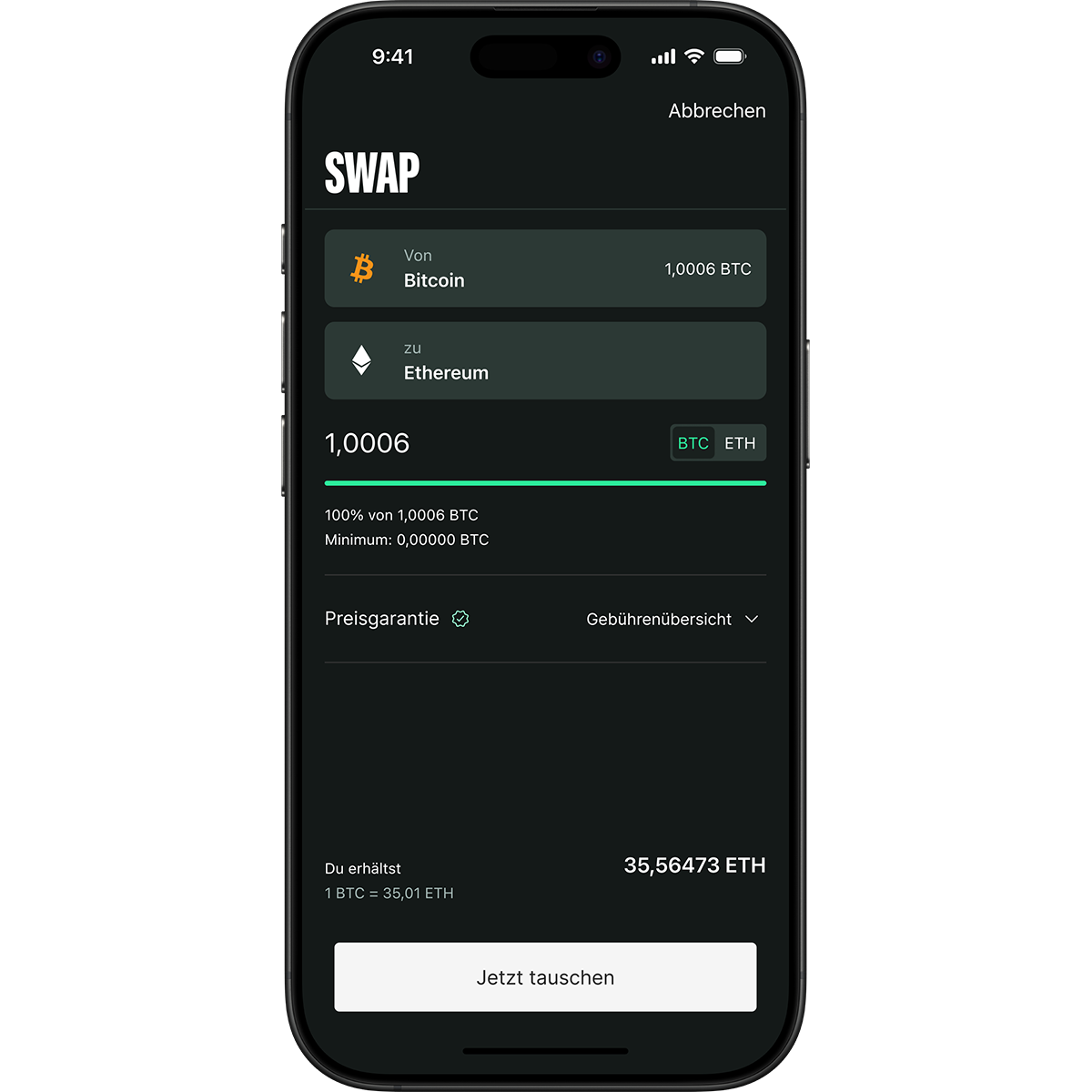 Smartphone screen displaying a cryptocurrency swap interface, showing 1.0006 BTC to Ethereum exchange with price guarantee and fees included.