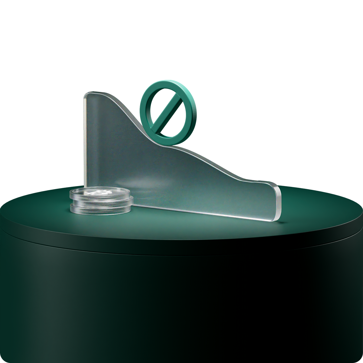 Transparent acrylic or glass sculpture on a dark green cylindrical base, featuring a curved shape and a circle with a diagonal line.
