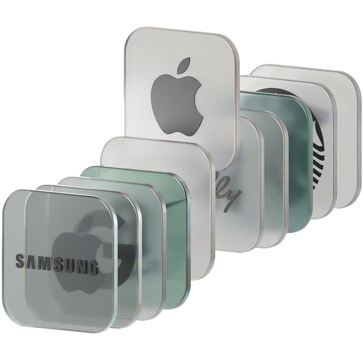 Stacked transparent squares featuring logos of Samsung, Apple, and other brands.