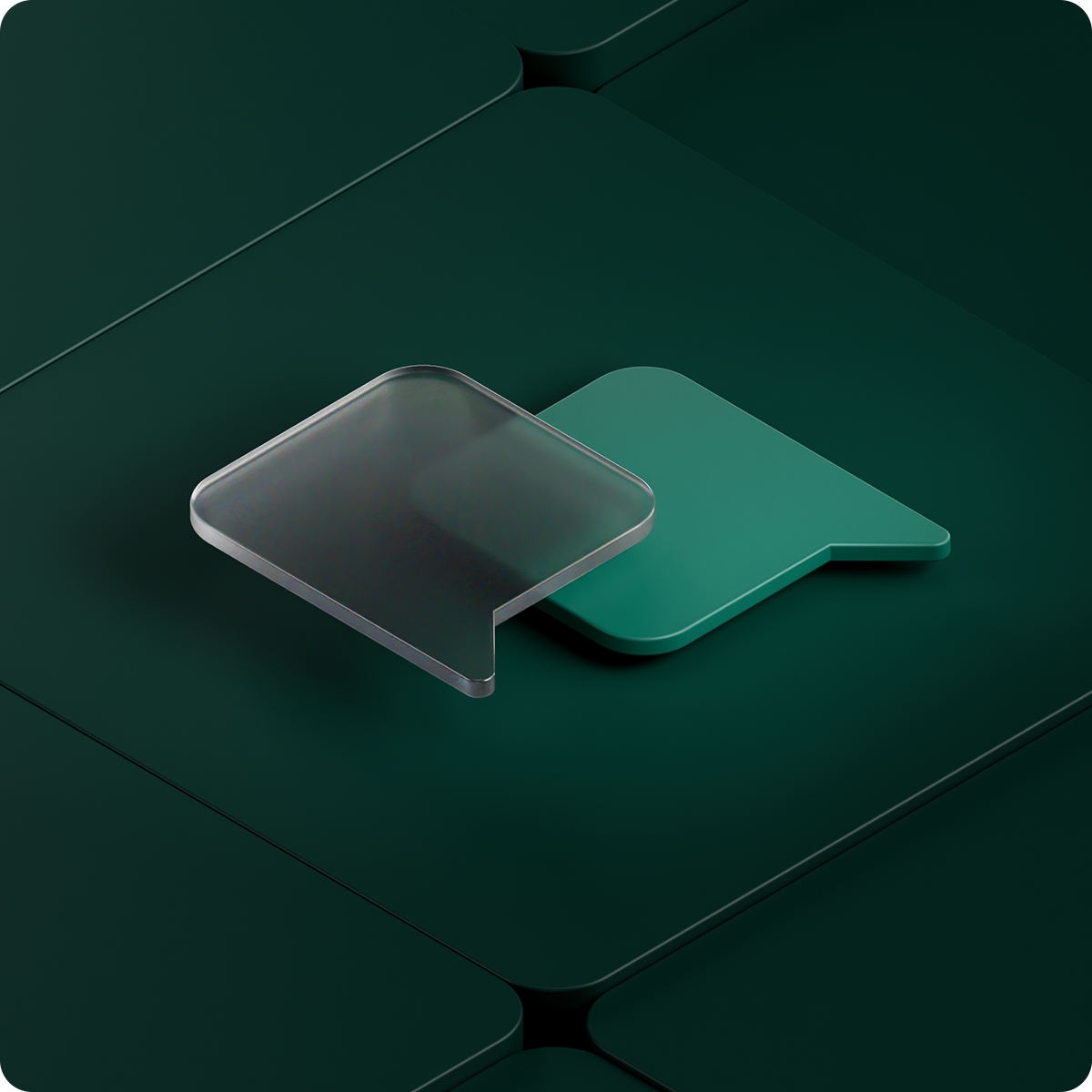 Two overlapping speech bubble icons, one transparent and one green, on a dark green geometric background.
