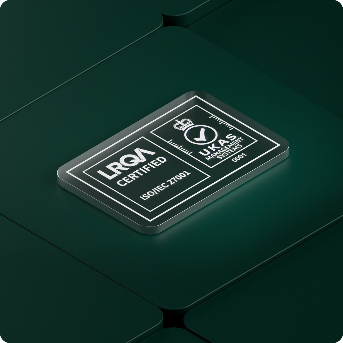 Rectangular certification badge on a dark green surface, featuring "LRQA Certified" and "UKAS Management Systems" with ISO/IEC 27001.
