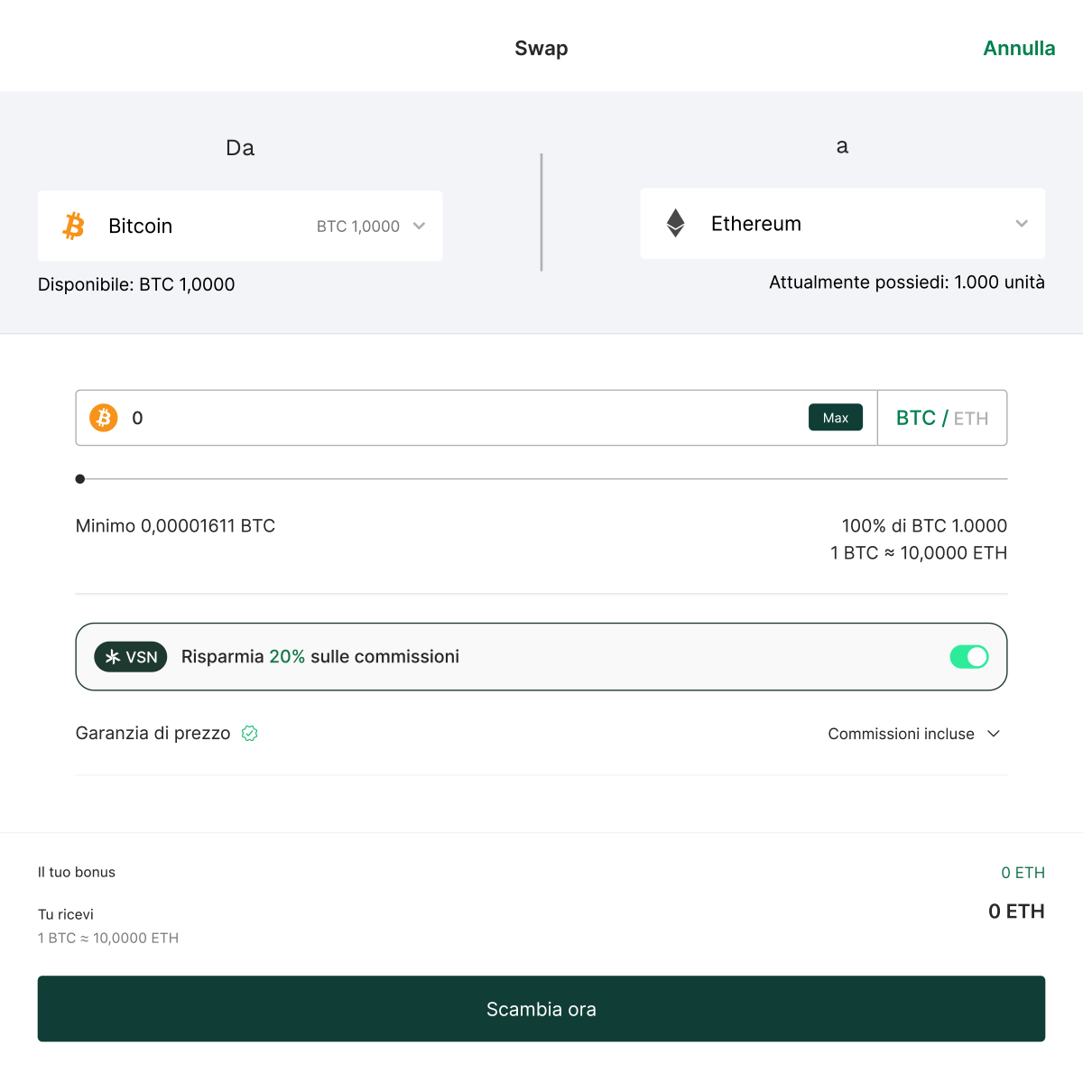 Cryptocurrency swap interface showing exchange from Bitcoin to Ethereum, with fields for amount and exchange rate details.