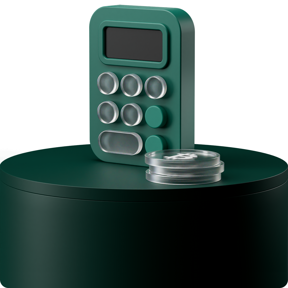 A green, rectangular device with a screen and buttons on a dark green cylindrical platform, next to a small stack of transparent discs.