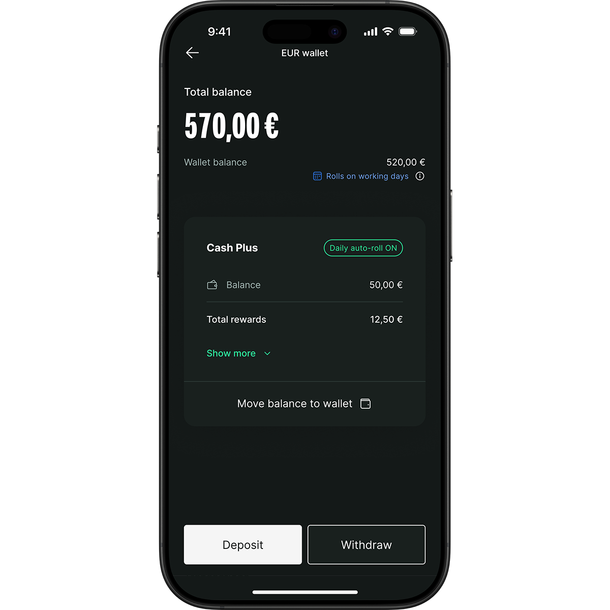 Smartphone screen showing a financial app with a total balance of 570 euros. Options include deposit, withdraw, and Cash Plus details.