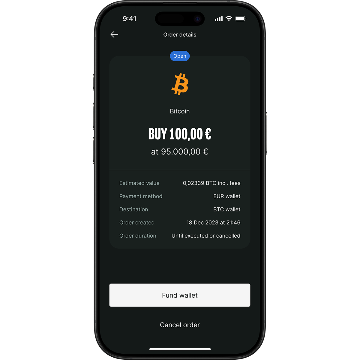 Smartphone screen showing a Bitcoin purchase order for 100,00 € at 95,000.00 €, with options to fund wallet or cancel order.