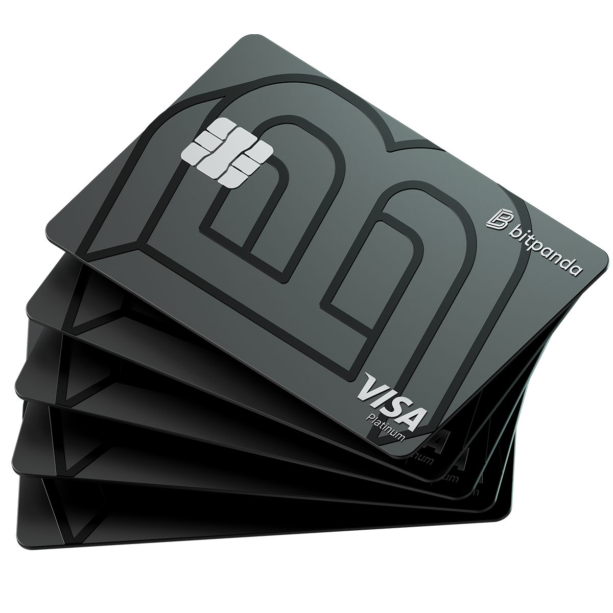 A stack of sleek, black Bitpanda Visa Platinum cards with a modern design, featuring the Visa logo and contactless symbol.