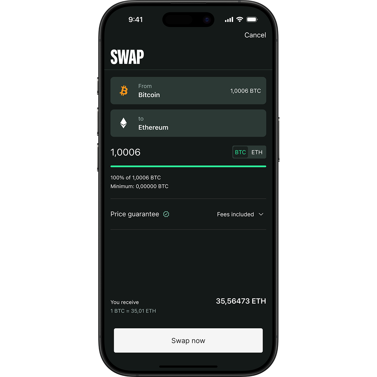 Smartphone screen displaying a cryptocurrency swap interface, showing 1.0006 BTC to Ethereum exchange with price guarantee and fees included.
