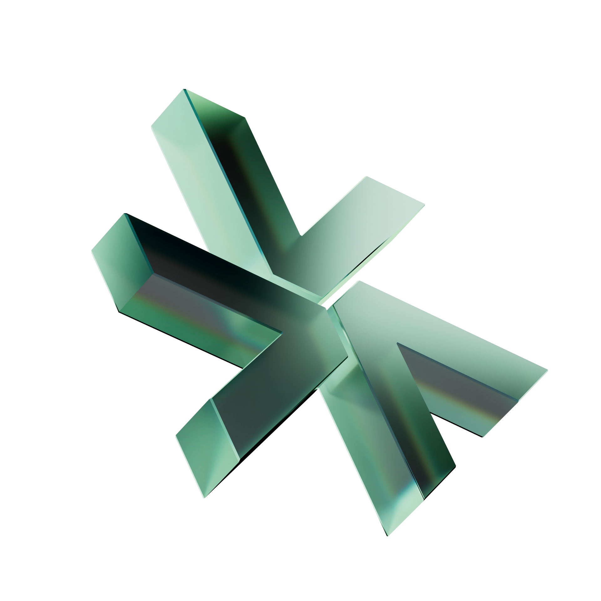 A 3D abstract geometric shape with intersecting green and black arrow-like structures on a transparent background.