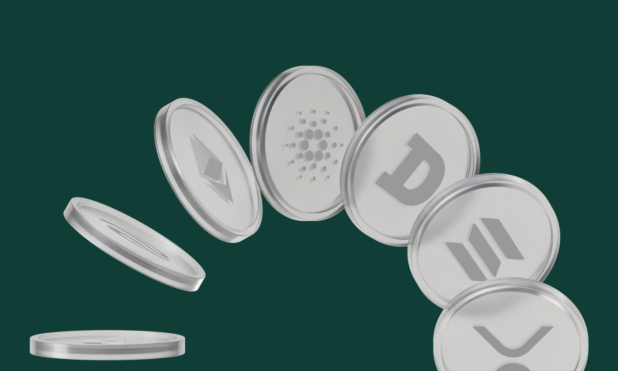 Silver coins with various cryptocurrency logos, including Ethereum and Ripple, appear to be flipping against a dark green background.