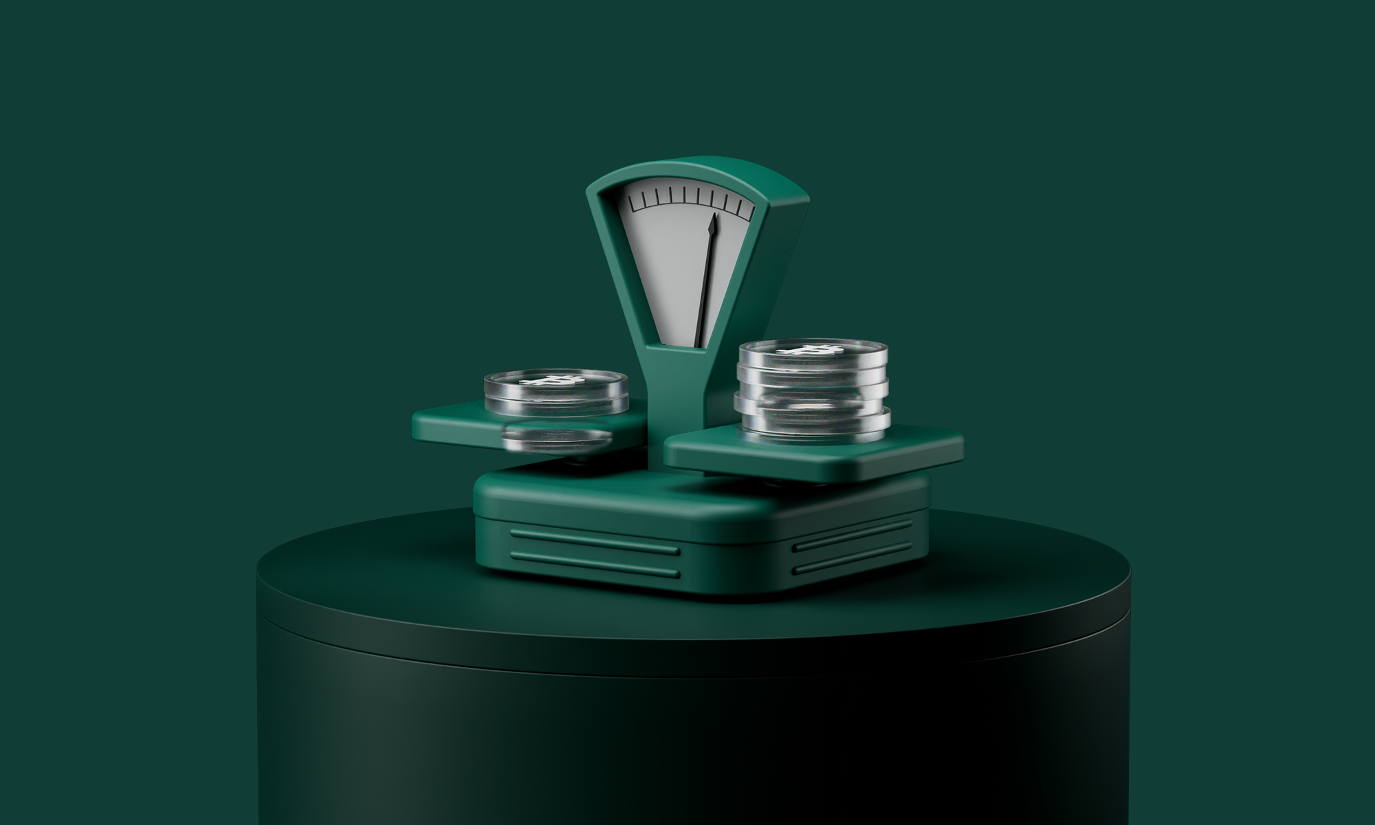 A vintage green balance scale with stacked silver coins on both sides, set against a dark green background.
