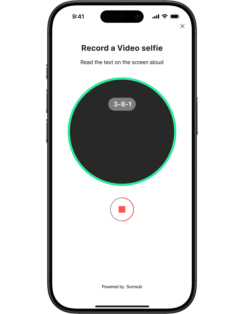 Smartphone screen showing a video selfie recording interface with a countdown timer and a prompt to read text aloud.