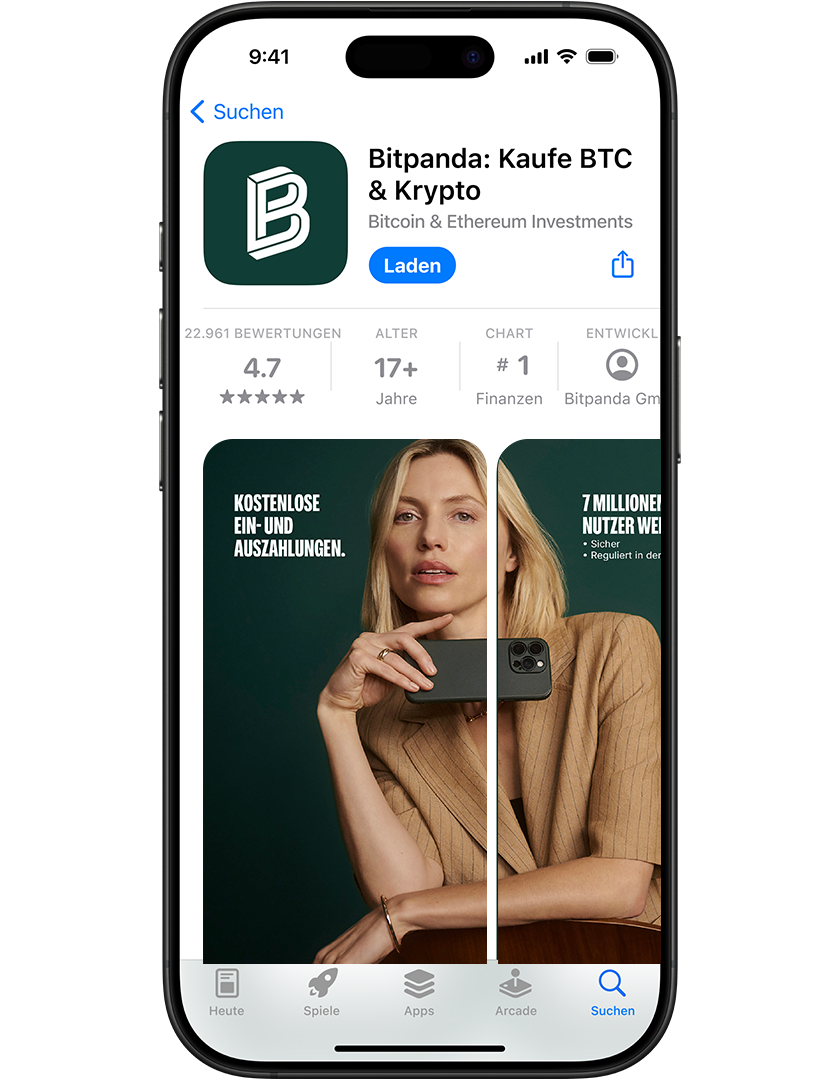 Smartphone displaying Bitpanda app page with a woman holding a phone, promoting zero deposit fees and secure transactions.
