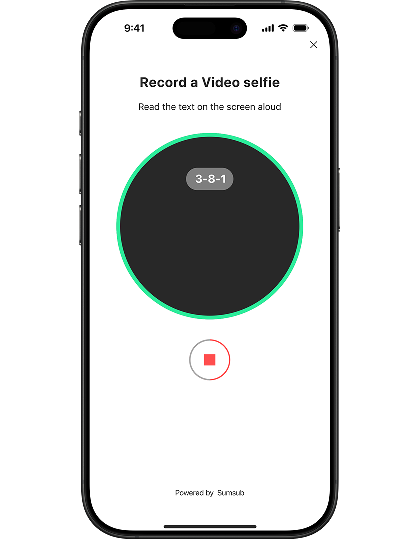Smartphone screen displaying a video selfie recording interface with a countdown timer and a stop button.