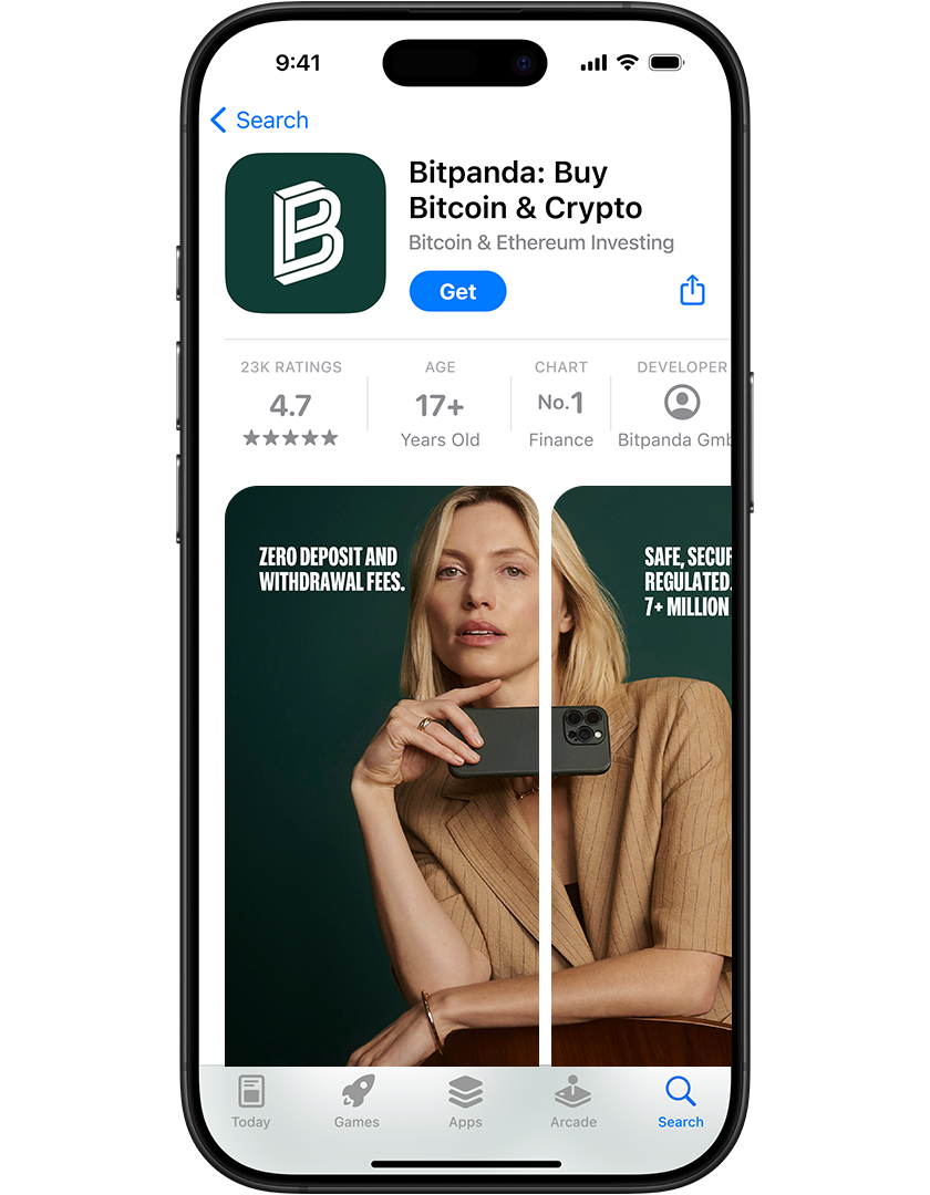 Smartphone displaying Bitpanda app page with a woman holding a phone, promoting zero deposit fees and secure transactions.