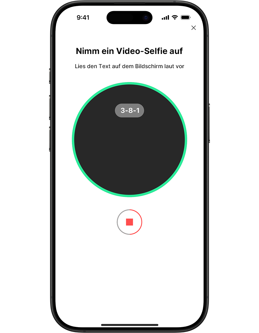 Smartphone screen displaying a video selfie recording interface with a countdown timer and a stop button.