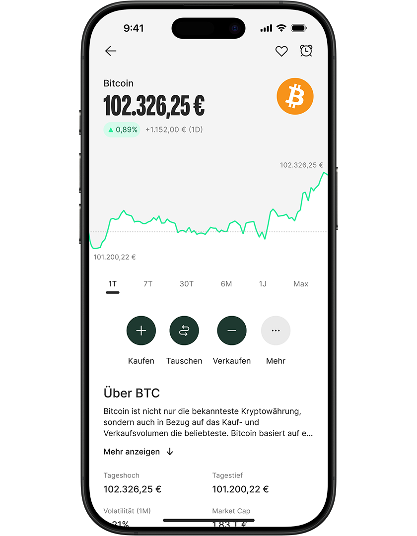 Smartphone screen displaying a cryptocurrency app with Bitcoin price at 102,326.25€. Features include buy, swap, and sell options.