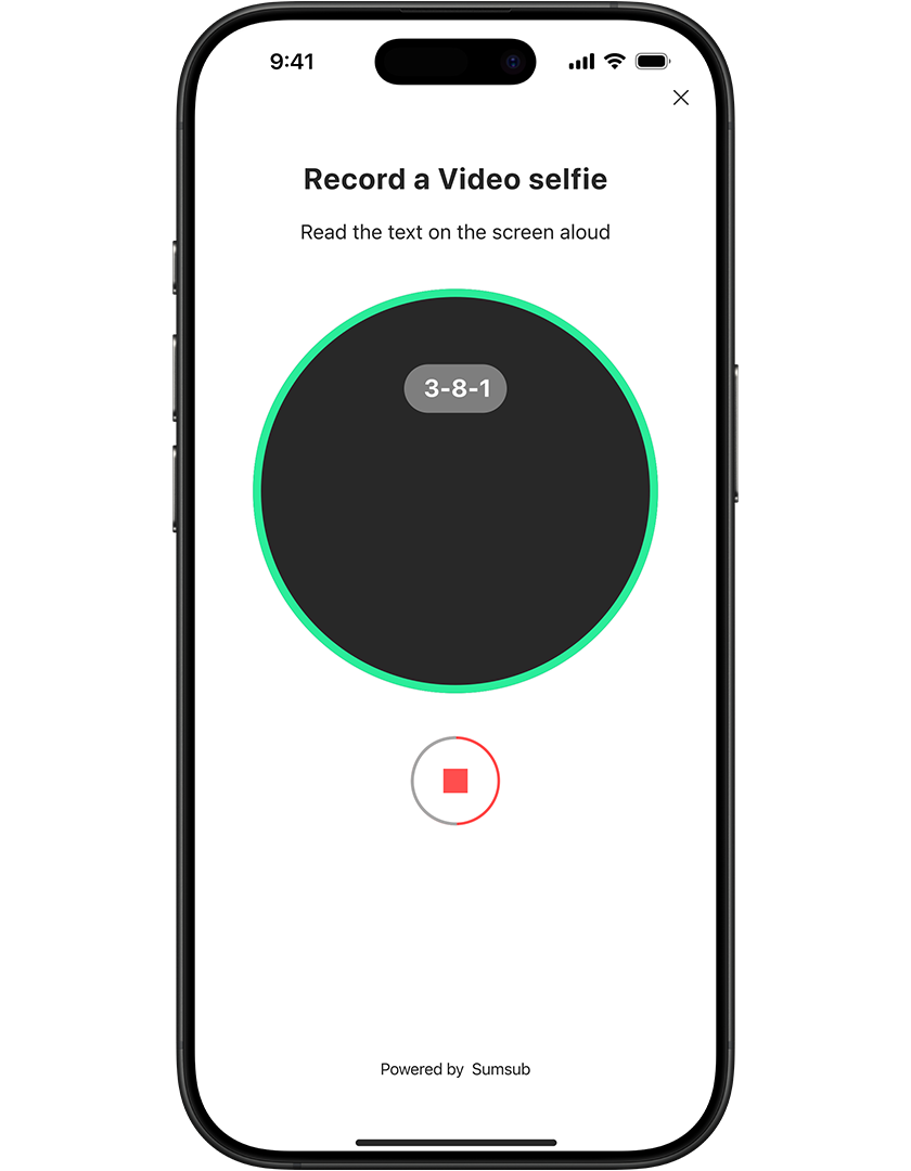 Smartphone screen showing a video selfie recording interface with a countdown timer and "Read the text on the screen aloud" instructions.
