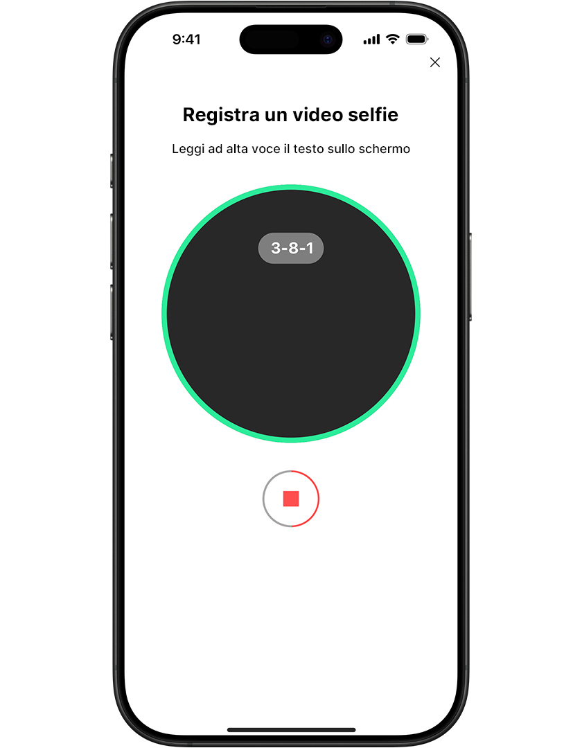 Smartphone screen displaying a video selfie recording interface with a countdown timer and a stop button.