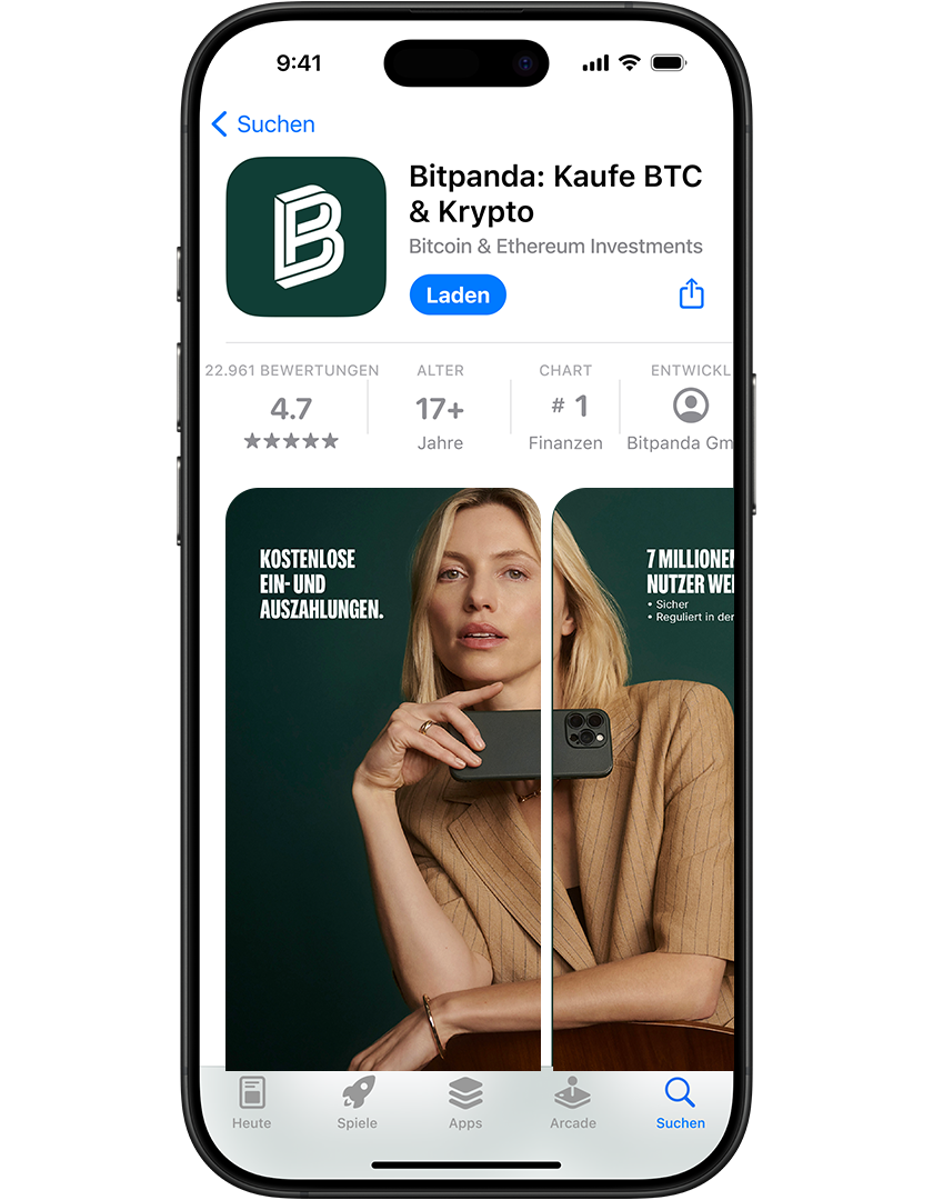 Smartphone displaying Bitpanda app page with a woman holding a phone, highlighting zero deposit fees and secure transactions.