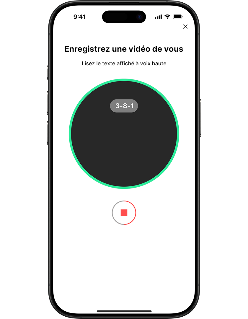 Smartphone screen displaying a video selfie recording interface with a countdown timer and a stop button.