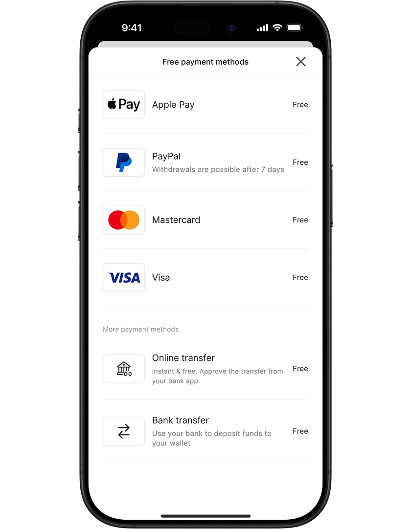 Smartphone screen displaying a list of free payment methods: Apple Pay, PayPal, Mastercard, Visa, Online transfer, and Bank transfer.