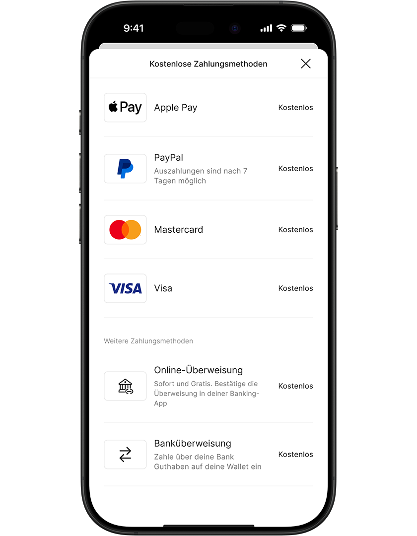 Smartphone screen displaying a list of free payment methods: Apple Pay, PayPal, Mastercard, Visa, Online transfer, and Bank transfer.