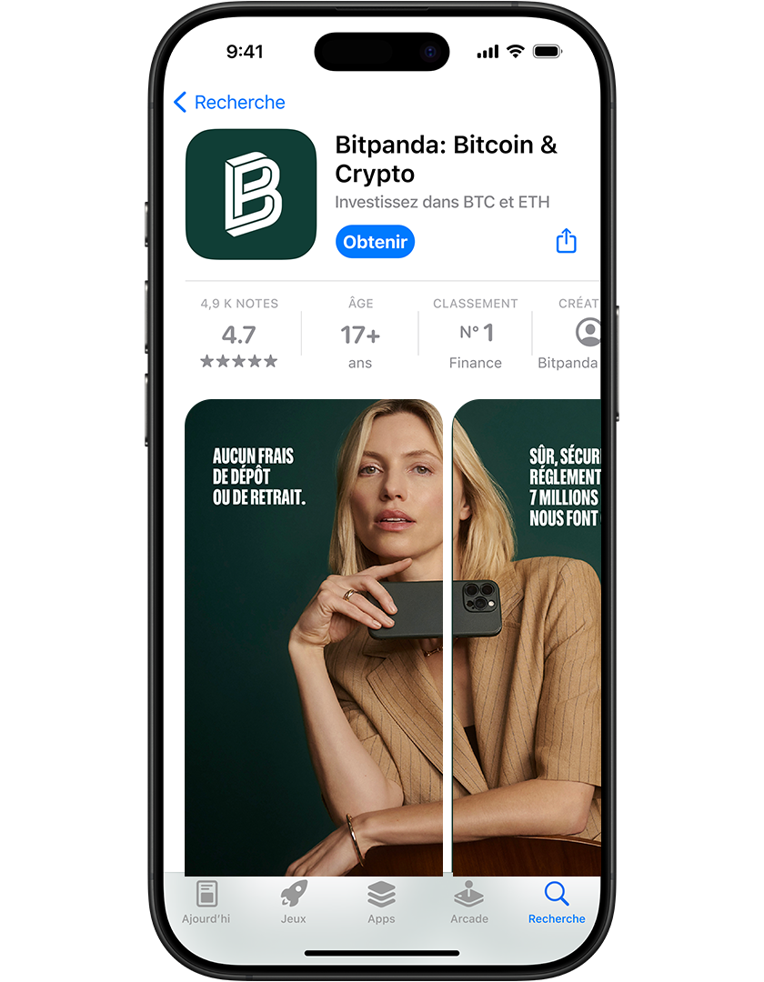 Smartphone displaying Bitpanda app page with a woman holding a phone, highlighting zero deposit fees and secure transactions.