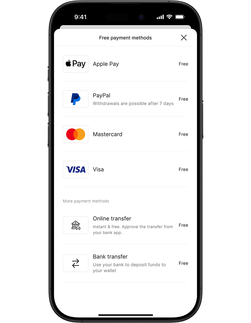 Smartphone screen displaying free payment methods: Apple Pay, PayPal, Mastercard, Visa, online transfer, and bank transfer, with icons and descriptions.