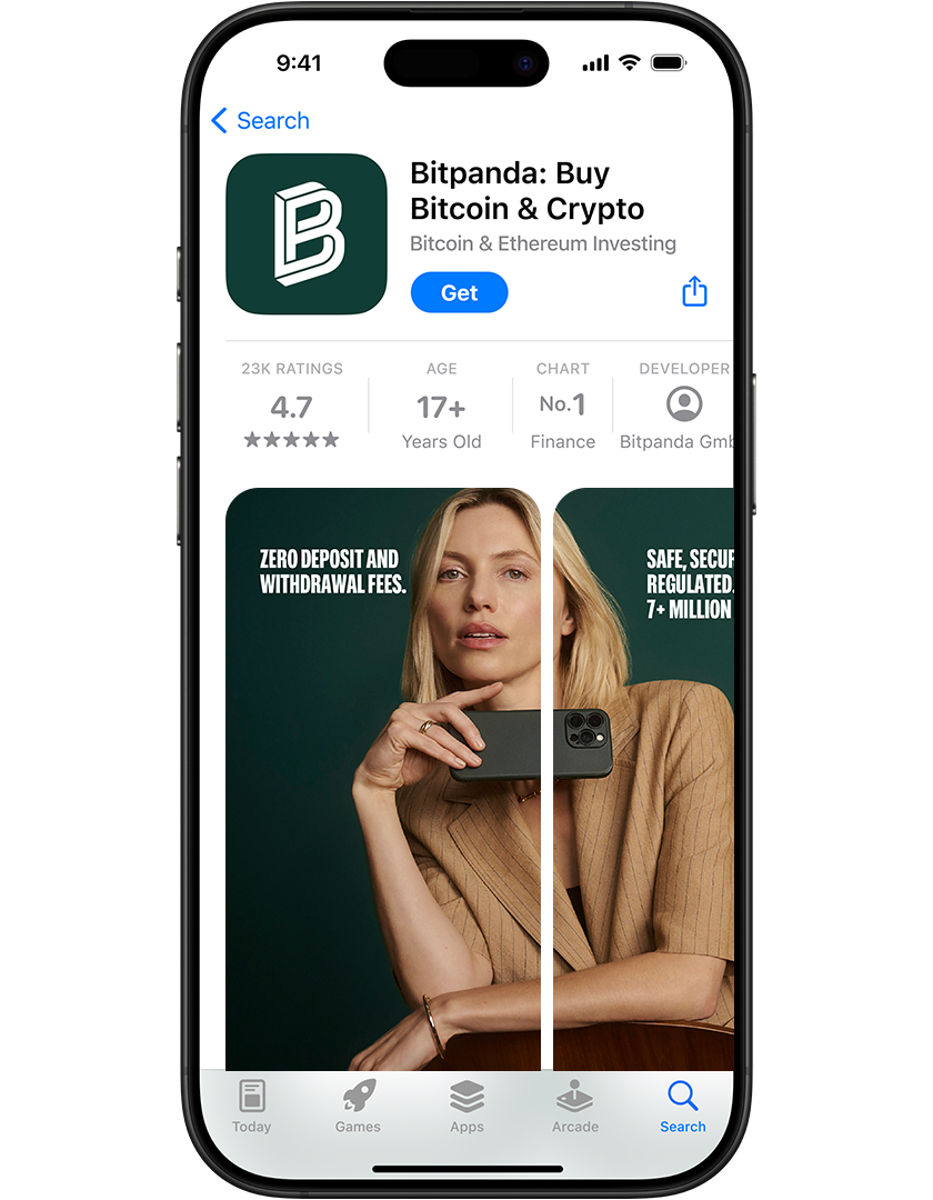 Smartphone displaying the Bitpanda app page on an app store, featuring a woman holding a smartphone, with ratings and app details visible.