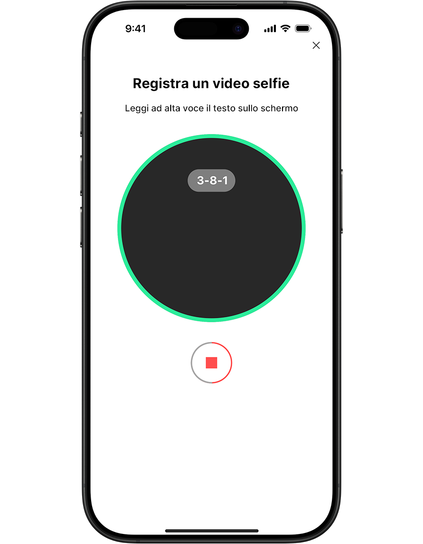 Smartphone screen showing a video selfie recording interface with a countdown timer and "Read the text on the screen aloud" instructions.