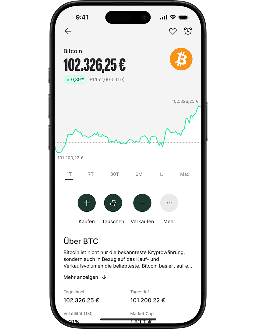 Smartphone displaying a Bitcoin trading app with price chart, current value at 102,326.25€, and options to buy, swap, or sell.