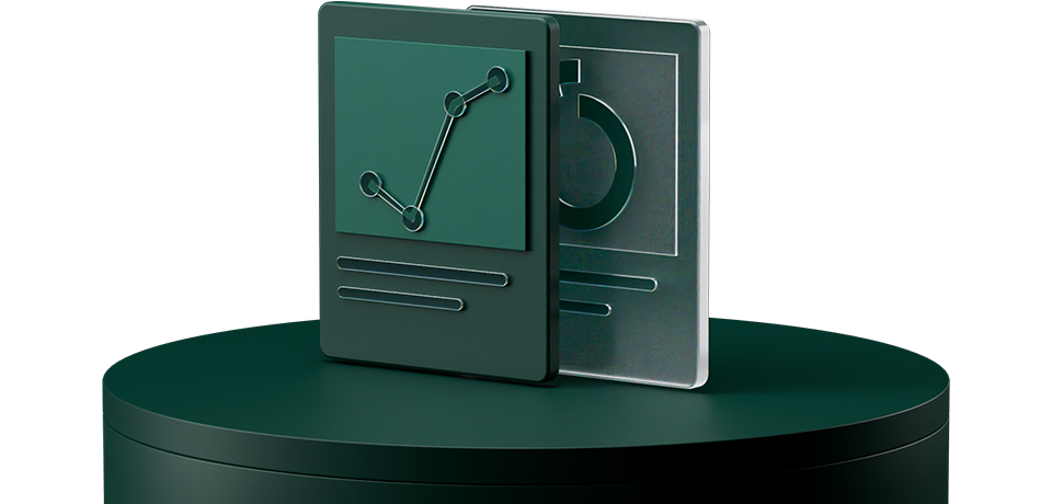 Two stylized cards on a dark round platform, featuring a line graph and a pie chart icon, symbolizing data analytics.