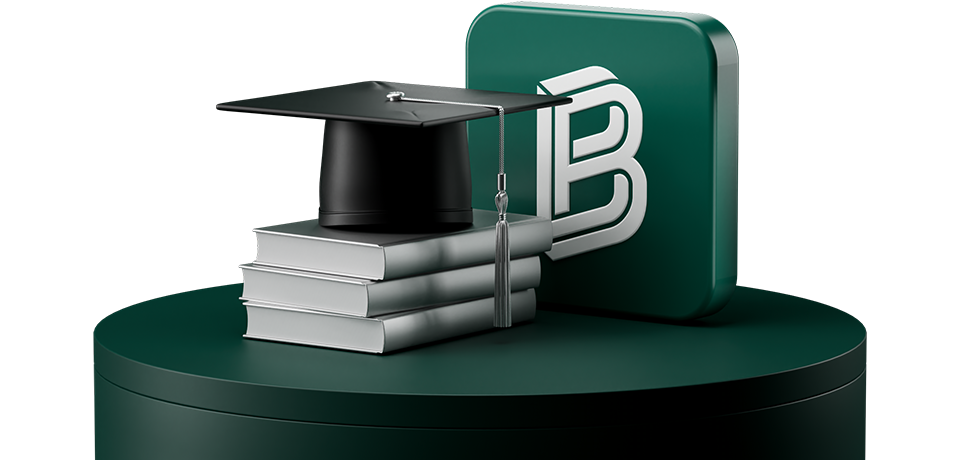 A graduation cap on stacked books next to a green cube with a stylized "B" on a dark green circular platform.