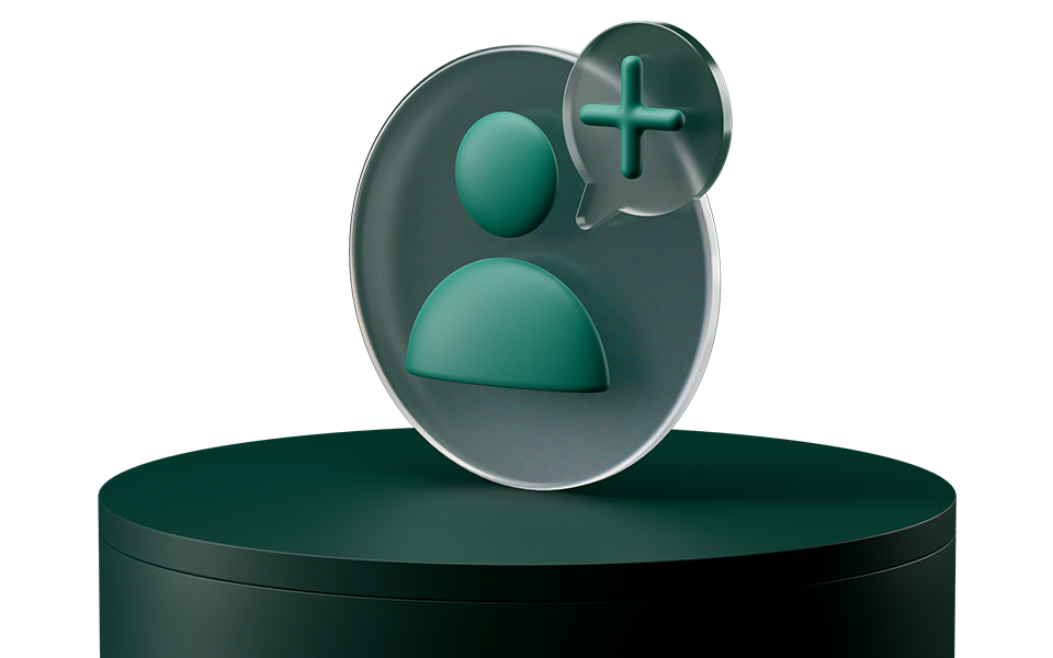 A 3D icon of a person with a plus sign in a speech bubble, symbolizing adding a user, on a dark green circular platform.