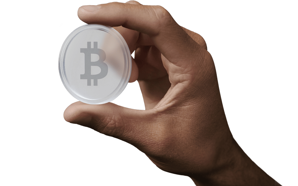 Hand holding a clear coin with a Bitcoin symbol, against a transparent background.