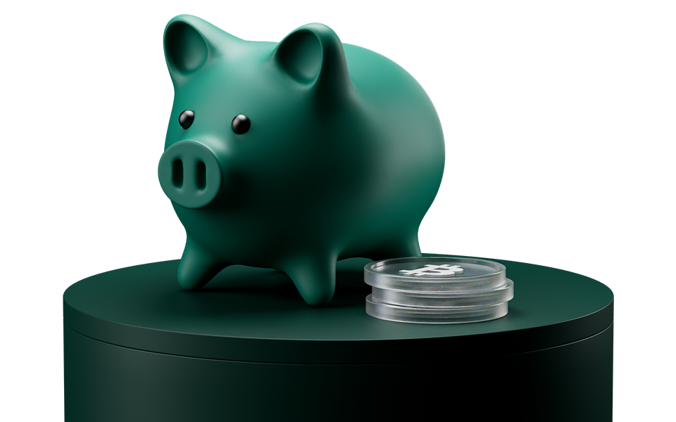 A green piggy bank on a dark pedestal next to a transparent coin with a dollar symbol.