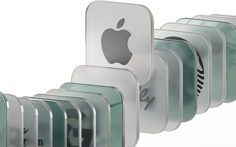 A row of metallic dominoes with various brand logos, including Apple, arranged in a cascading pattern against a white background.