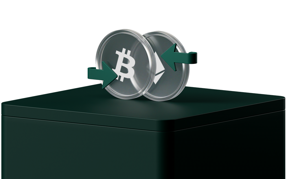 Two transparent coins with Bitcoin symbols and green arrows, placed on a dark surface, suggesting movement or exchange.