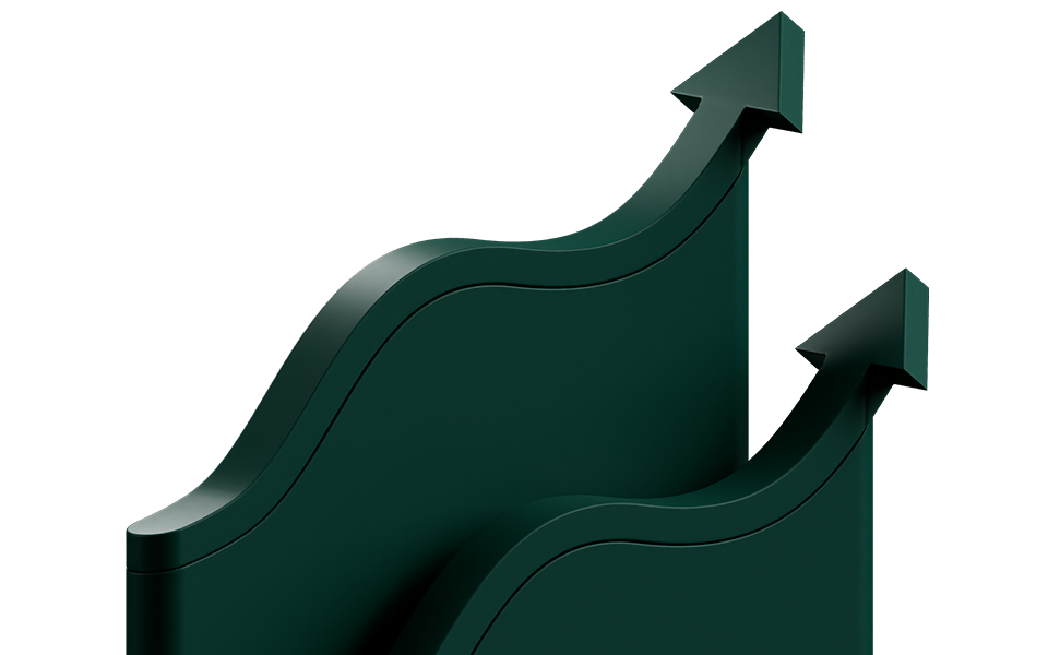 Two dark green, upward-curving arrows with a wavy design, symbolizing growth or progress, on a gradient background.